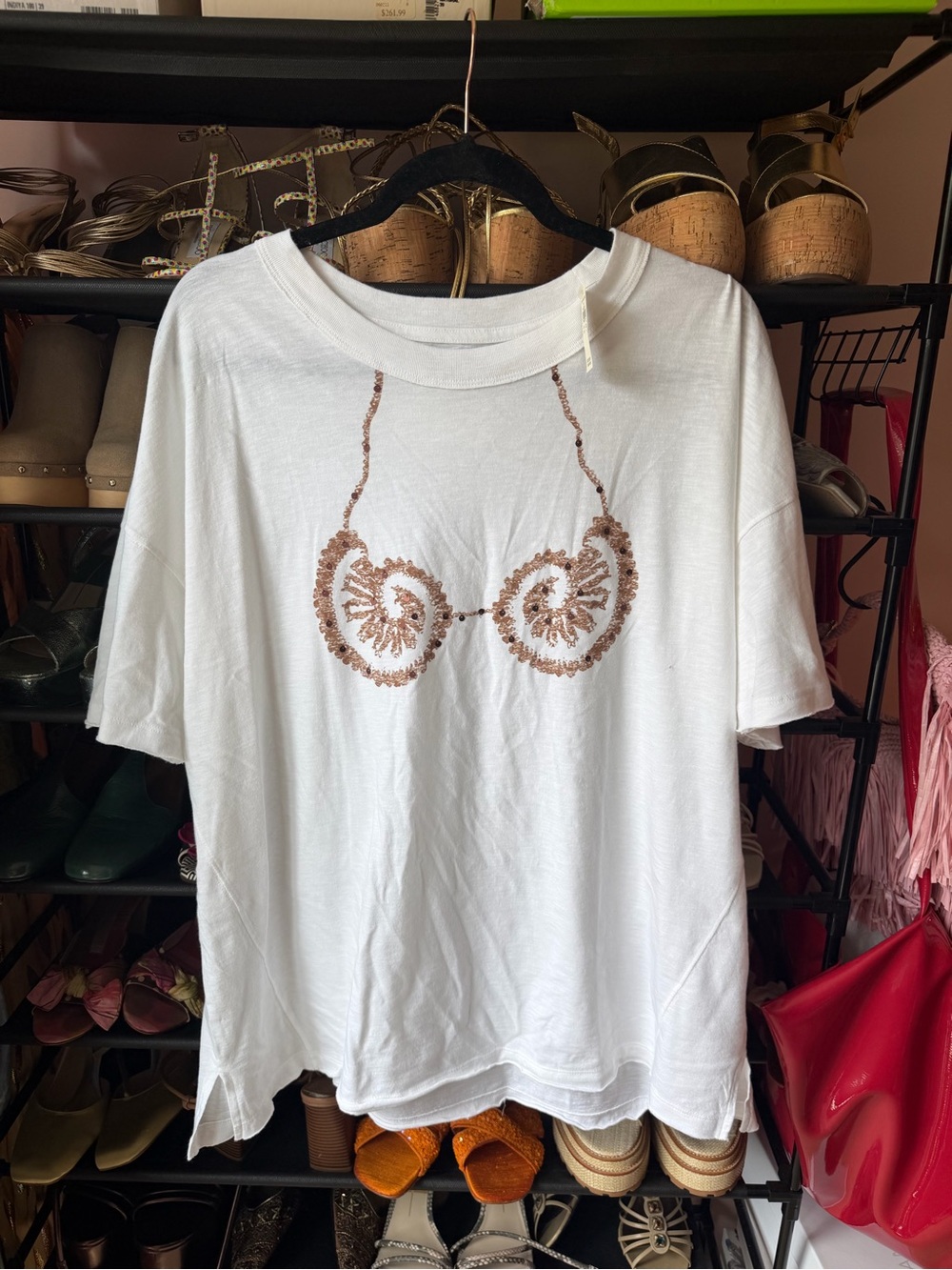 aerie White Short Sleeve Tee with Bronze Sequin Bra Motif